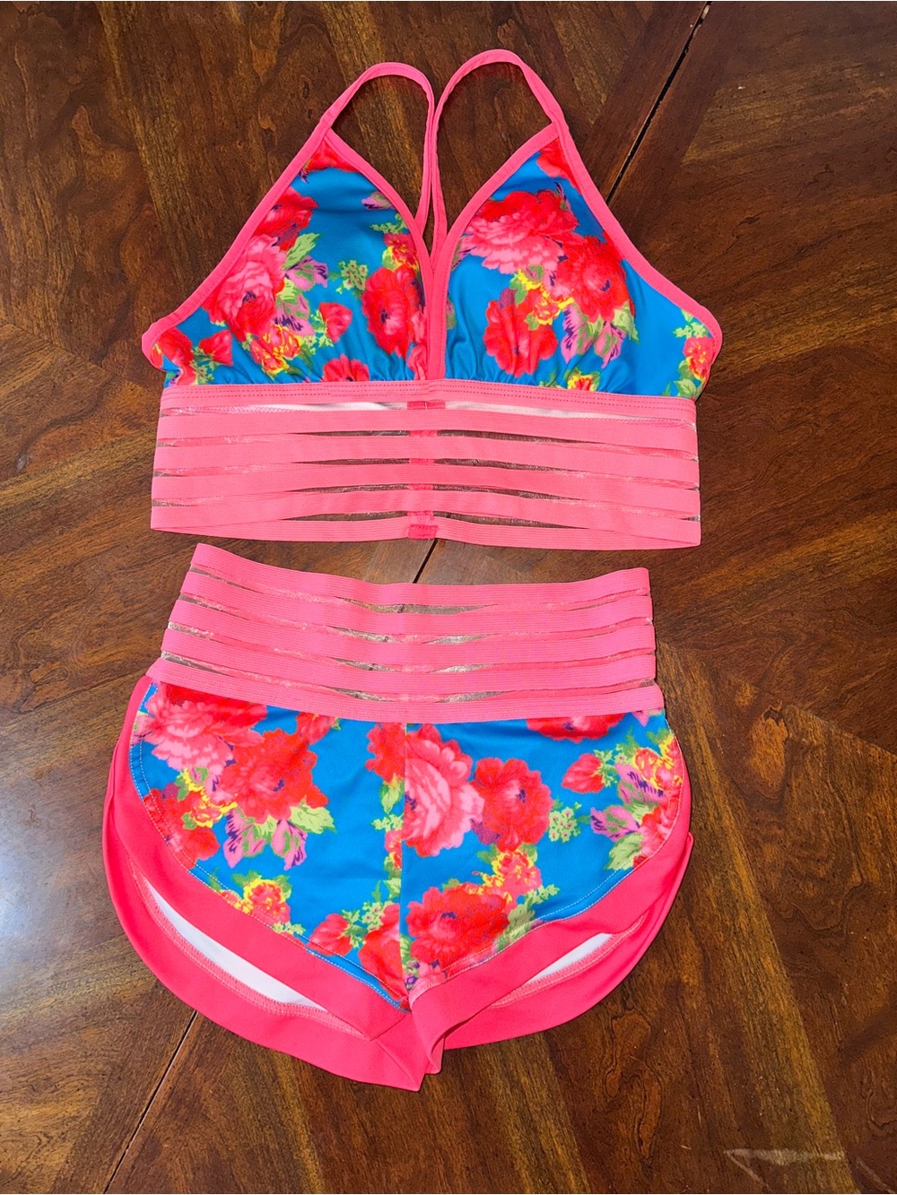 Amazon Blue Floral Bike Shorts with Hot Pink Trim